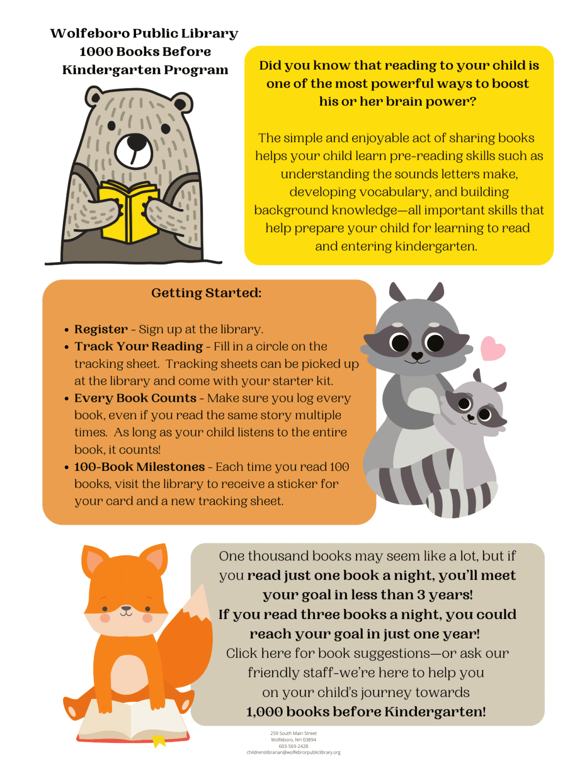 A colorful library flyer featuring cartoon animals and text promoting the “1000 Books Before Kindergarten” program, with sections describing the benefits of reading, how to participate, and encouragement for parents.