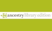 Ancestry Library Edition logo with a green background, featuring a stylized leaf icon and the text ancestry library edition in black and gray letters.