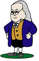Cartoon illustration of an older man with long gray hair, glasses, a blue coat, yellow vest, white cravat, black pants, and shoes, standing on a green oval patch with hands on hips, smiling confidently.