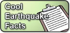 A graphic with the words Cool Earthquake Facts on a green background, next to an illustration of a clipboard holding a sheet of lined paper.