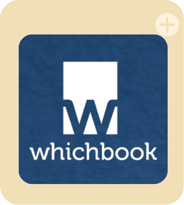 The image shows the Whichbook logo: a white capital W beneath a white rectangle, resembling a book, on a blue square background. The word whichbook is written in white below the symbol.