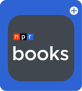 A blue rounded-corner square with a dark gray center displaying the npr logo and the word books in white text; a small white circle with a plus sign is in the top right corner.