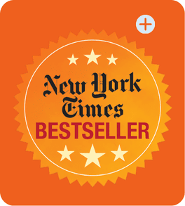 An orange badge with a yellow sunburst features the text New York Times BESTSELLER in black and red, surrounded by white stars. A white plus sign is in the top right corner.