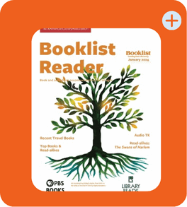 Cover of Booklist Reader magazine featuring an illustrated tree with branches and leaves forming a book shape, set against a white background with orange border and a plus sign in the top right corner.