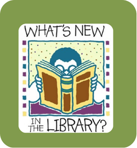 Illustration of a person reading a large book with the text Whats New in the Library? above and below the image, set against a green background.