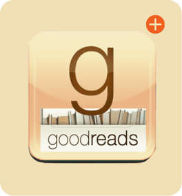 Goodreads app icon featuring a large lowercase g above a row of books with the word goodreads below, set on a beige background with an orange plus sign in the top right corner.