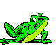 Animated green frog leaping forward with its back legs stretched out and front legs extended, appearing in mid-jump on a plain white background.