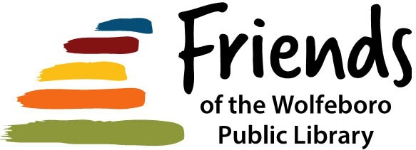 Logo featuring five horizontal paintbrush strokes in blue, red, yellow, orange, and green forming a stepped shape, with the text Friends of the Wolfeboro Public Library to the right.