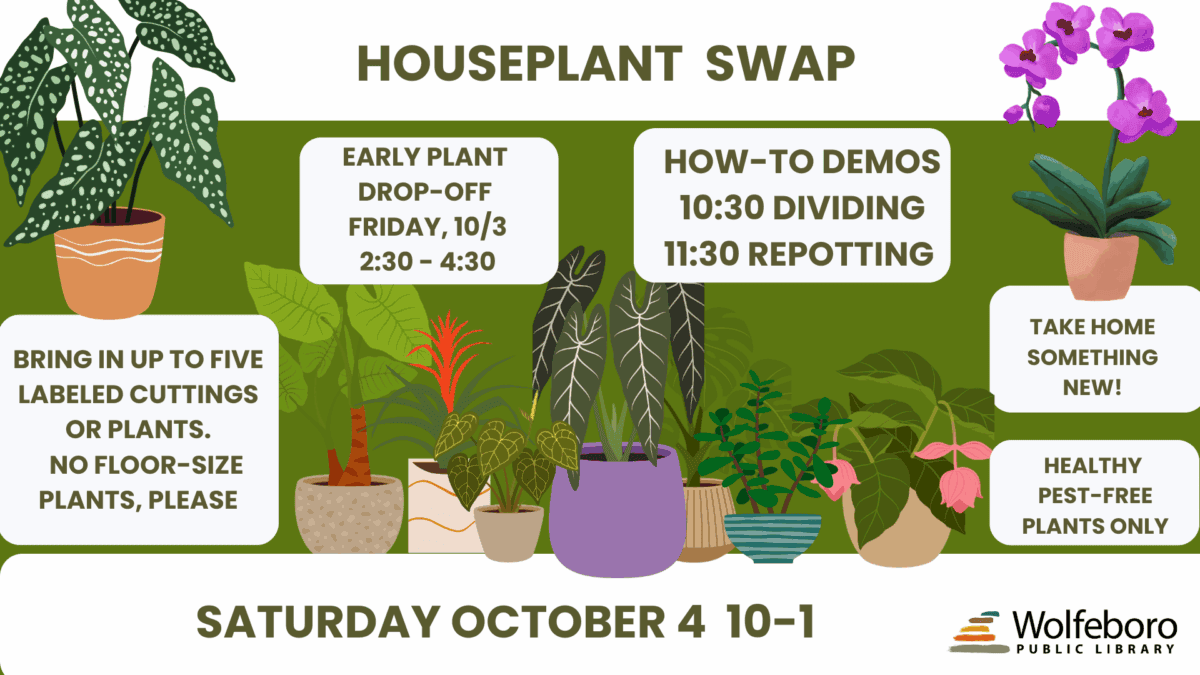 houseplant swap october 4 2025 saturday 10 to 1 pm. bring only 5 to share. early drop off friday
