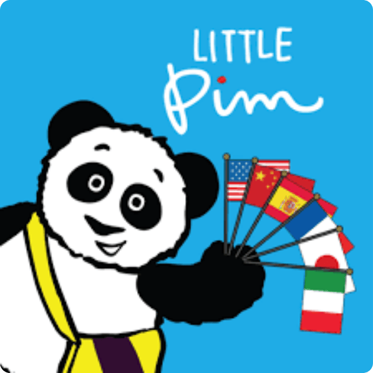 A smiling cartoon panda holds small flags of several countries, including the USA, China, Spain, France, Japan, and Italy, against a blue background with the words Little Pim written above.