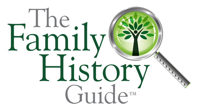 Logo for The Family History Guide featuring green text and a magnifying glass with a tree inside its lens, symbolizing genealogy or family history research.