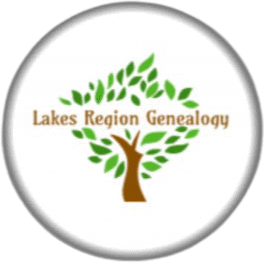A round logo with a stylized green tree and brown trunk. The text Lakes Region Genealogy is written in brown across the middle of the tree. The logo has a gray circular border.