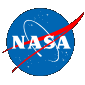 NASA’s blue circular logo with white letters NASA, a red swoosh, a white orbital path, and star-like dots, all on a black background.