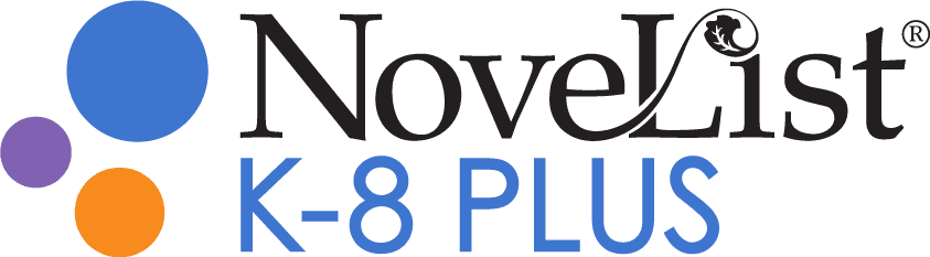 Logo for NoveList K-8 Plus with the word NoveList in black, K-8 PLUS in blue below, and three overlapping circles (purple, blue, and orange) to the left of the text.