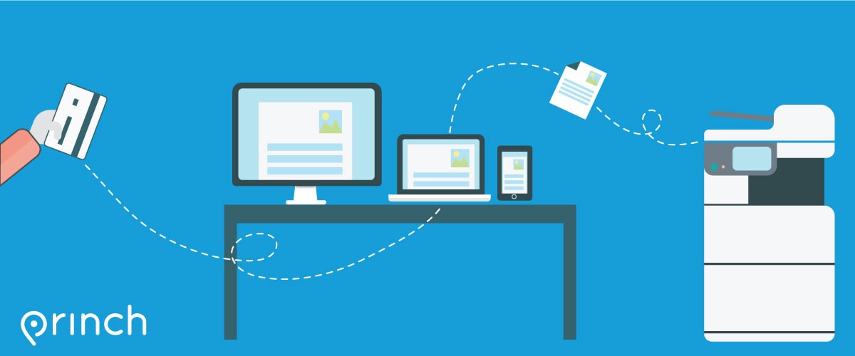 Illustration of a hand holding a card, a desktop computer, laptop, and smartphone on a desk, with documents being sent wirelessly to a printer. The Princh logo is in the bottom left corner.