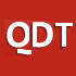 White capital letters QDT are displayed on a solid red background. The bottom of the letter Q extends downward in a curved shape.