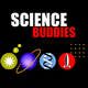 Science Buddies logo with the words SCIENCE in white and BUDDIES in red above colorful icons of the sun, planet, DNA strand, rocket, and grid on a black background.