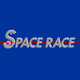 Blue background with the words SPACE RACE in large, silver letters. The S includes a NASA-style red swoosh and blue star emblem, and a red line runs horizontally through the center of the text.