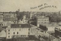 Black-and-white vintage postcard showing a view of South Main Street in Wolfeboro, New Hampshire, with several buildings, a few trees, and a street extending into the distance.