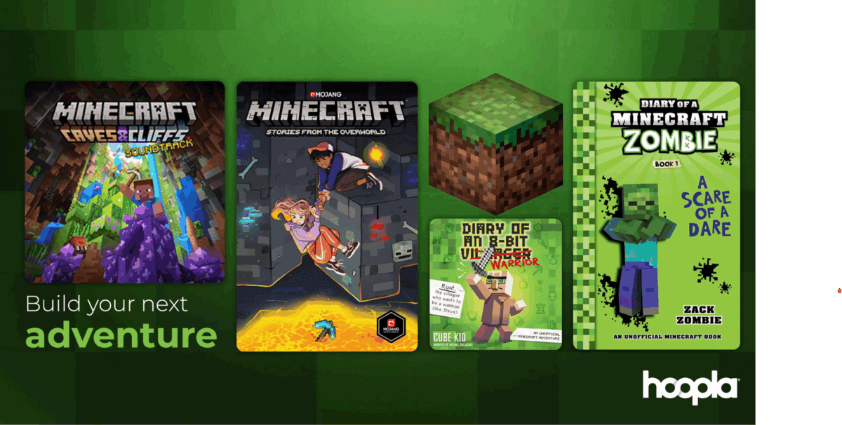 Four Minecraft-themed books and a grass block cube are displayed on a green background with the text Build your next adventure. The hoopla logo appears in the bottom right corner.