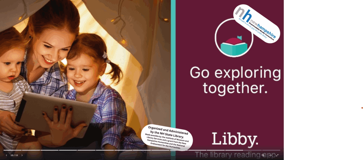 A smiling woman and two children look at a tablet inside a cozy tent. Next to them is a maroon section with the Libby app logo and the text Go exploring together. Logos for New Hampshire State Library are also visible.